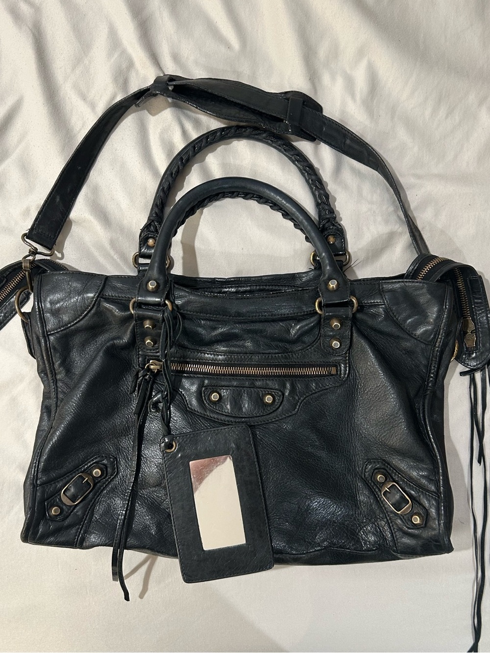 2005 Balenciaga Black Chevre Leather Motorcycle Satchel with Brass Hardware